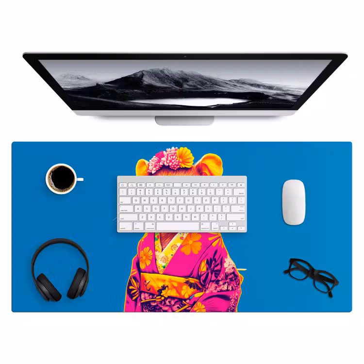 Muis - Kimono - Bloemen - Blauw Muismat XXL klein -3d
