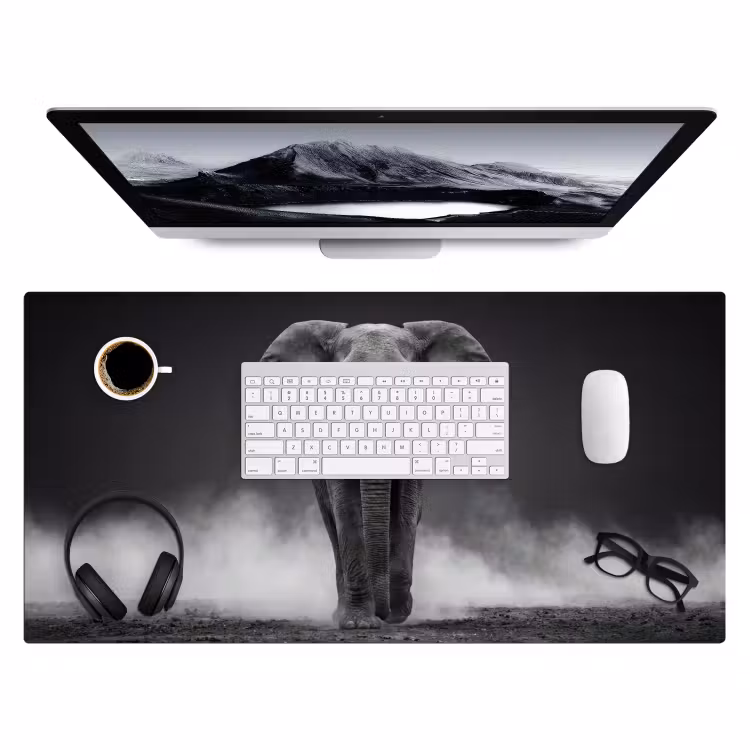 Olifant - Zwart - Wit - Rook Muismat XXL klein -3d