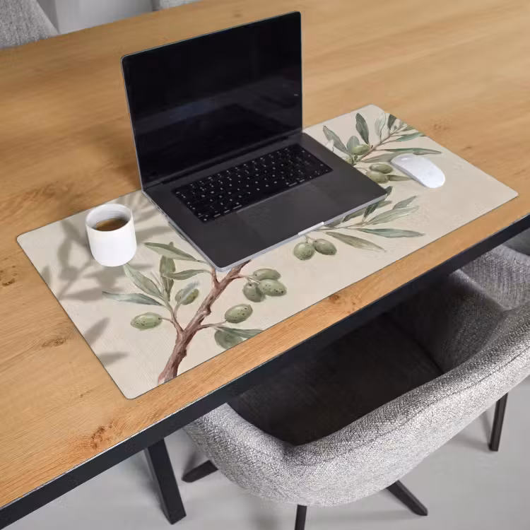 Olijftak - Bladeren - Natuur - Groen - Beige Muismat XXL klein -sfeer1