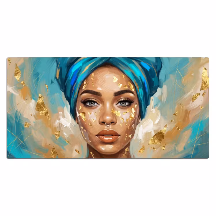 Portret - Vrouw - Schilderij - Blauw - Goud - Expressief Muismat XXL klein -3d_leeg
