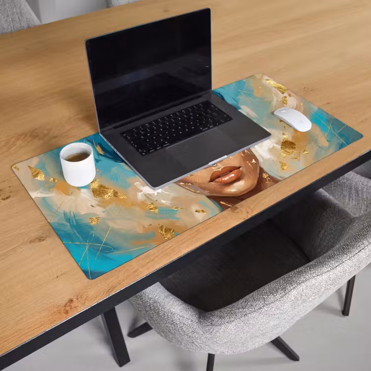 Portret - Vrouw - Schilderij - Blauw - Goud - Expressief Muismat XXL klein -sfeer1
