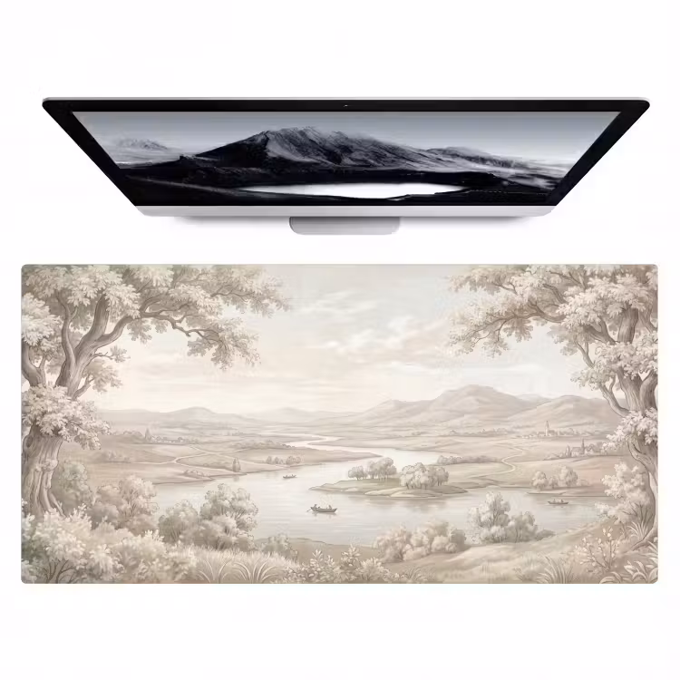 Rivierlandschap - Bergen - Natuur - Vintage - Beige Muismat XXL klein -zzz3d