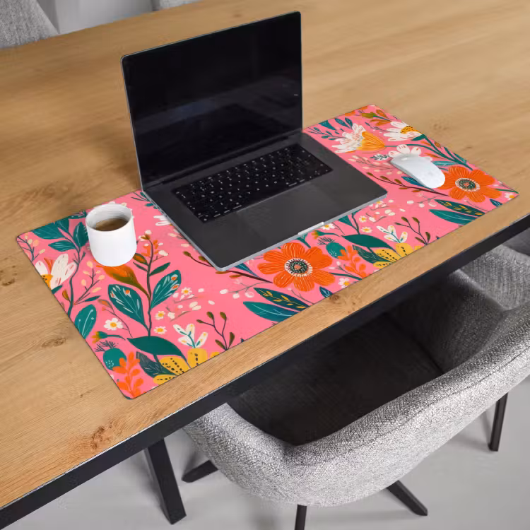Roze - Bloemen - Wit - Oranje Muismat XXL klein -sfeer1