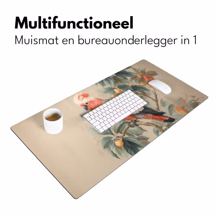 Roze kuifkaketoe - Tak met vruchten - Bladeren Muismat XXL klein -sfeer4