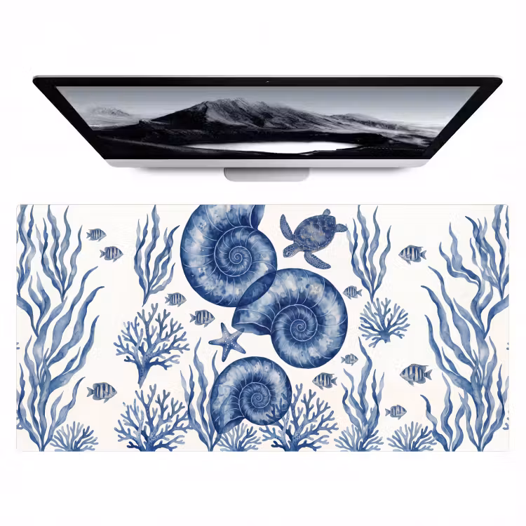Schelp - Spiraal - Zeeleven - Aquarel - Blauw Muismat XXL klein -zzz3d