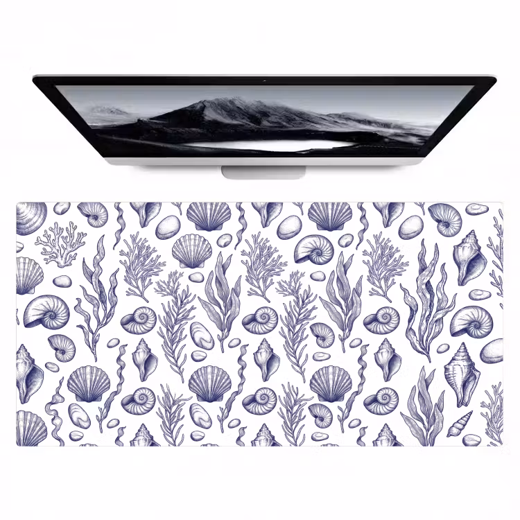 Schelpen - Zeewier - Oceaan - Illustratie - Blauw Muismat XXL klein -zzz3d
