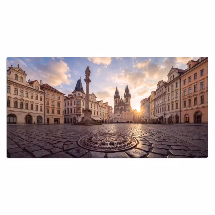 Stad - Praag - Ochtend - Architectuur - Goud Muismat XXL klein -3d_leeg
