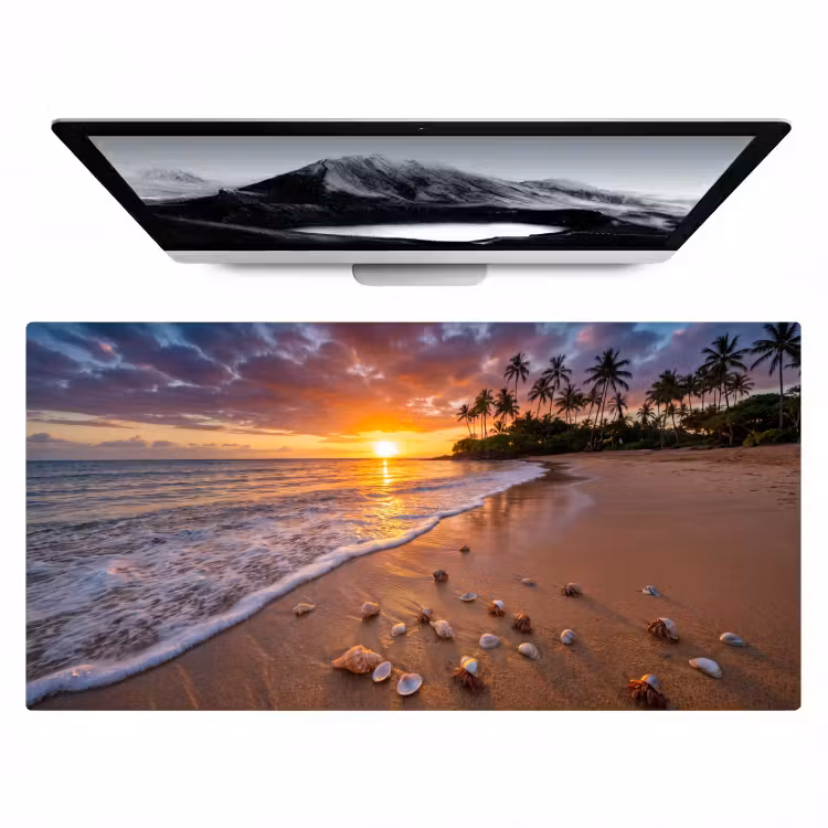 Strand - Zonsondergang - Palmbomen - Natuur - Oranje Muismat XXL klein -zzz3d