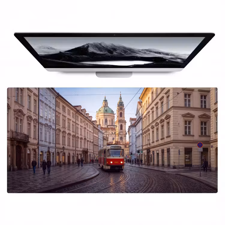 Tram - Straat - Stadsgezicht - Klassiek - Rood Muismat XXL klein -zzz3d