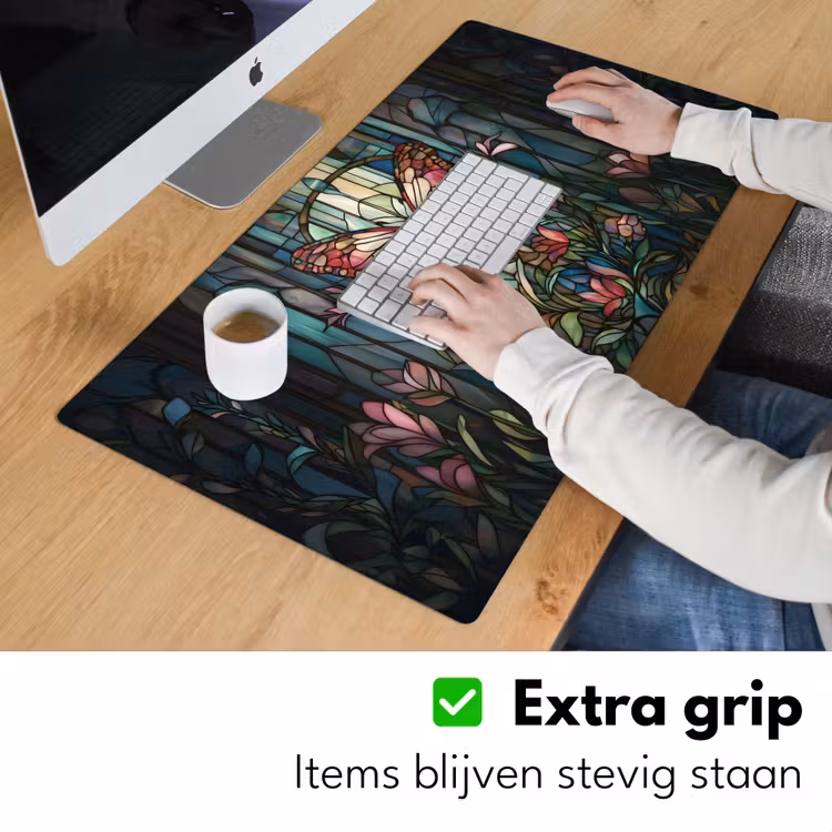 Vlinder - Roze - Bloemen - Bladeren Muismat XXL klein -sfeer3