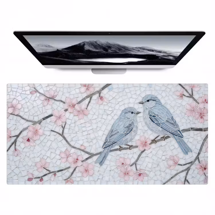 Vogel - Bloemen - Natuur - Mozaïek - Roze Muismat XXL klein -zzz3d