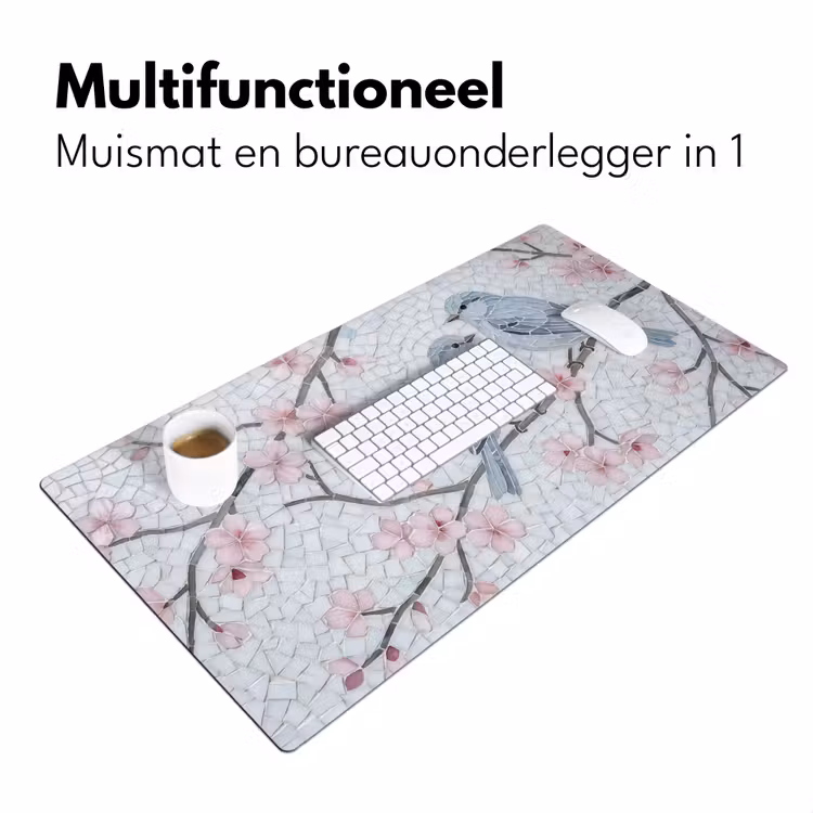 Vogel - Bloemen - Natuur - Mozaïek - Roze Muismat XXL klein -sfeer4