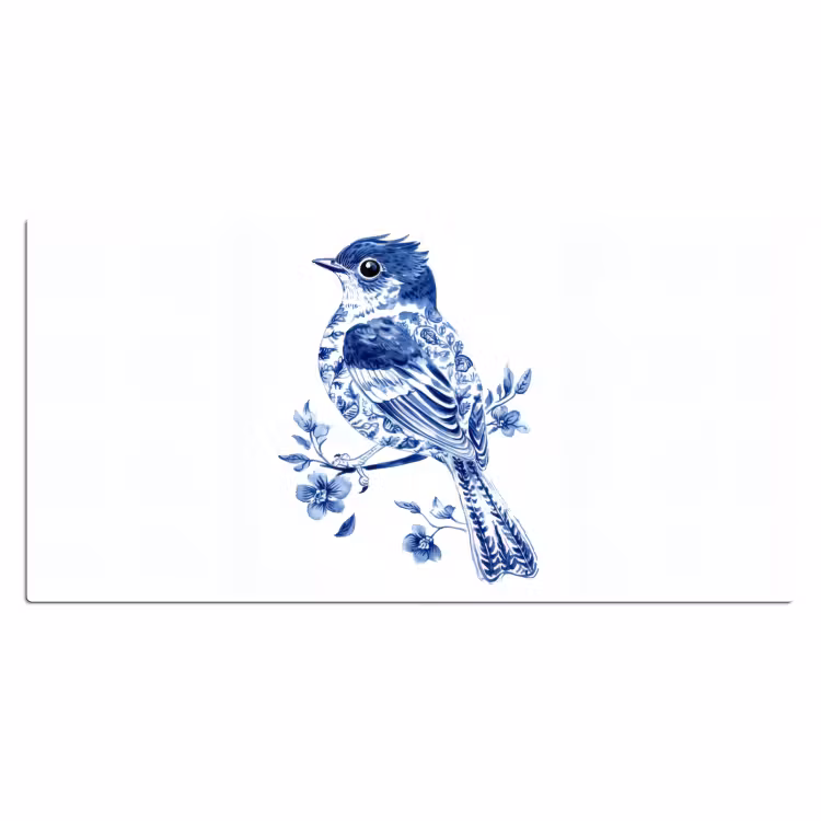 Vogel - Delfts blauw - Illustratie - Bloemen Muismat XXL klein -3d_leeg