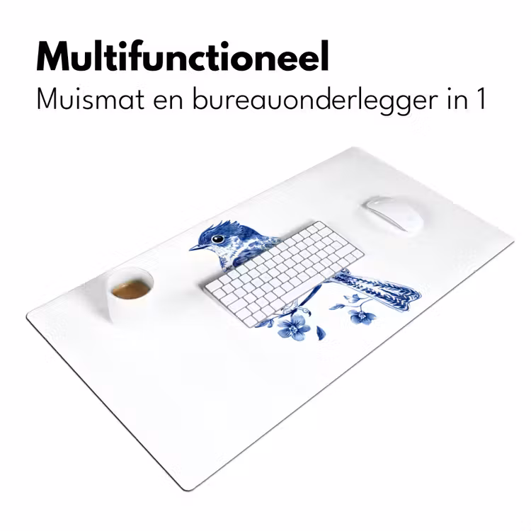 Vogel - Delfts blauw - Illustratie - Bloemen Muismat XXL klein -sfeer4