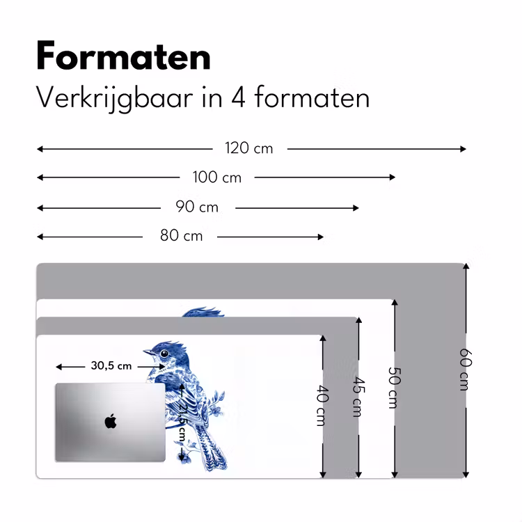 Vogel - Delfts blauw - Illustratie - Bloemen Muismat XXL klein -sfeer5