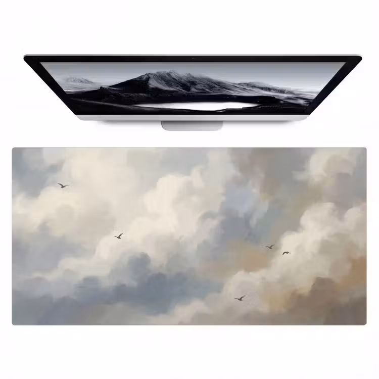 Vogel - Wolken - Natuur - Modern - Grijs Muismat XXL klein -zzz3d