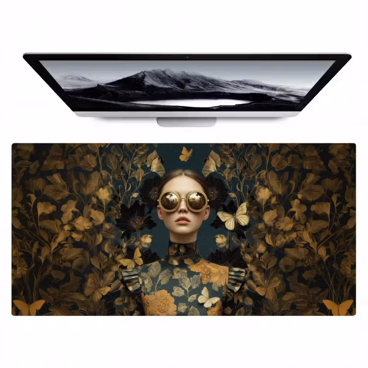 Vrouw - Bladeren - Goud - Vlinders Muismat XXL klein -zzz3d