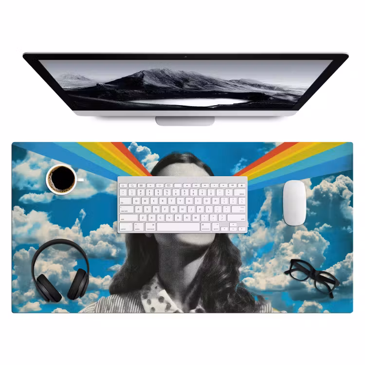 Vrouw - Bril - Regenboog - Wolken Muismat XXL klein -3d