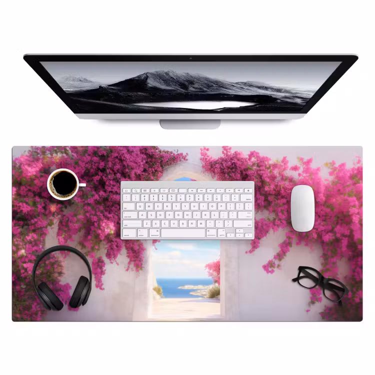 Zee - Roze - Bloemen - Poort Muismat XXL klein -3d