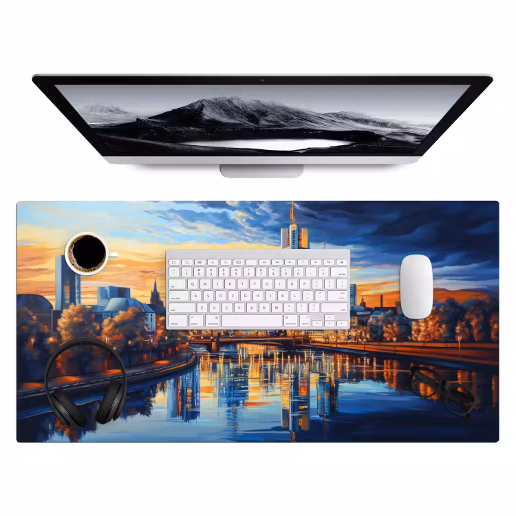 Zonsondergang Frankfurt - Stad - Skyline - Water Muismat XXL klein -3d