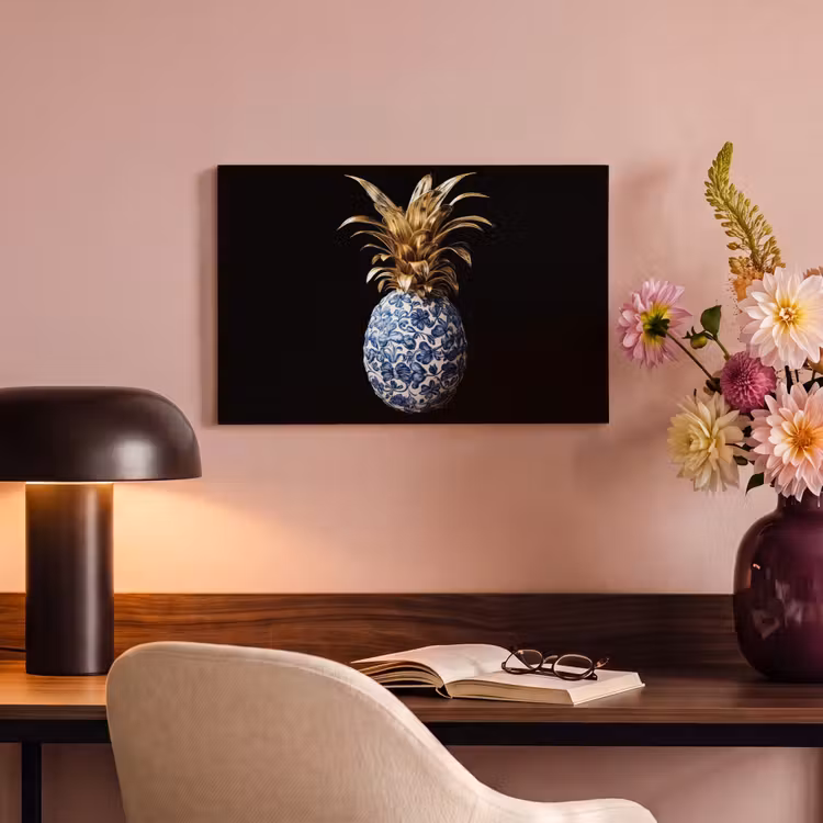 Ananas - Bloemen patroon - Goud - Delftsblauw canvas 2cm klein -sfeer4