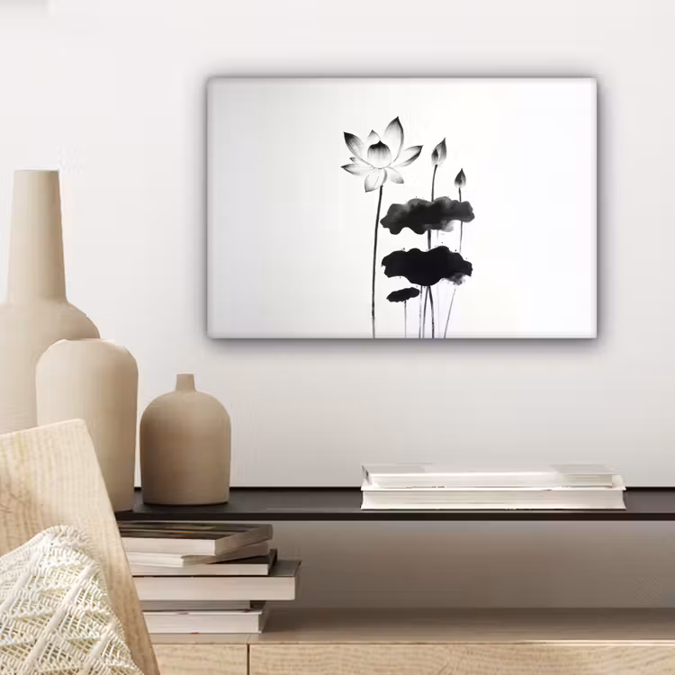 Bladeren - Zwart - Lotusbloem - Minimalitisch canvas 2cm klein -sfeer6