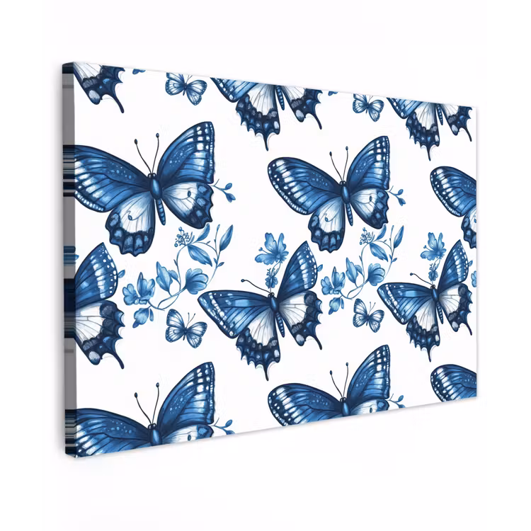 Blauw - Vlinders - Bloemen - Wit canvas 2cm klein 34 -z3d