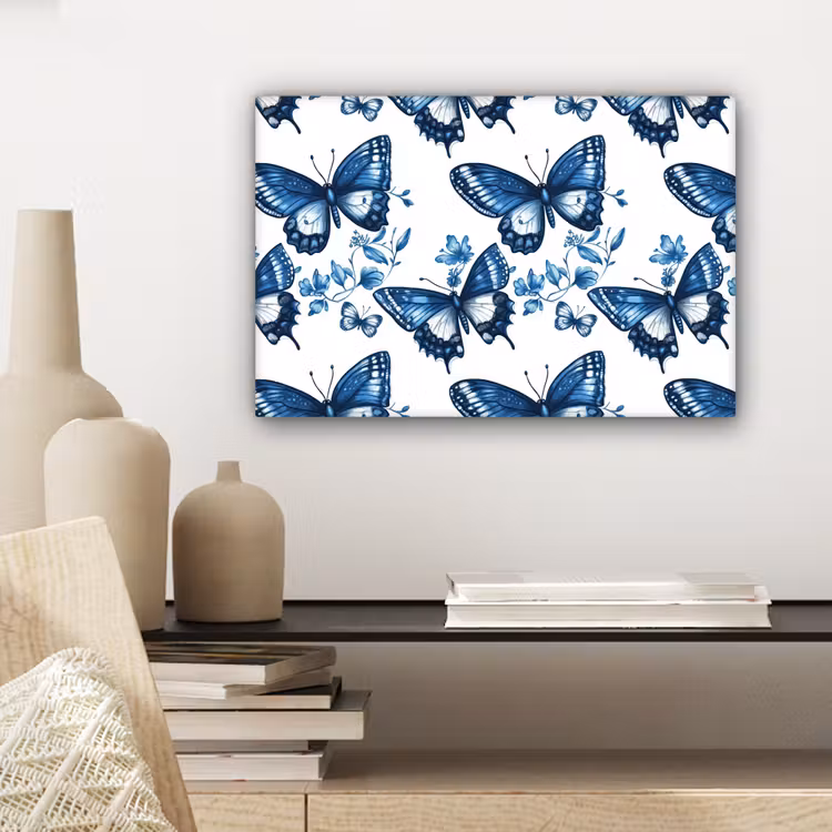 Blauw - Vlinders - Bloemen - Wit canvas 2cm klein 34 -sfeer6