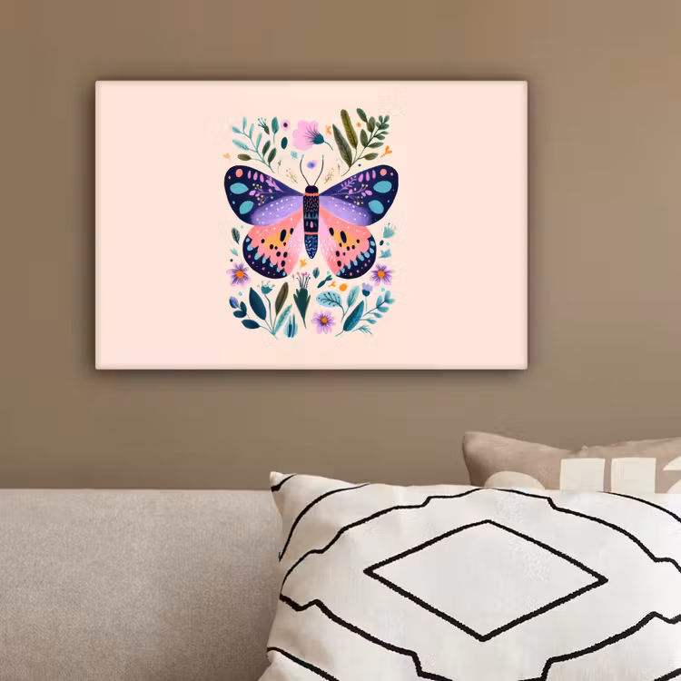 Bloemen - Bladeren - Vlinder - Kleurrijk canvas 2cm klein -sfeer3