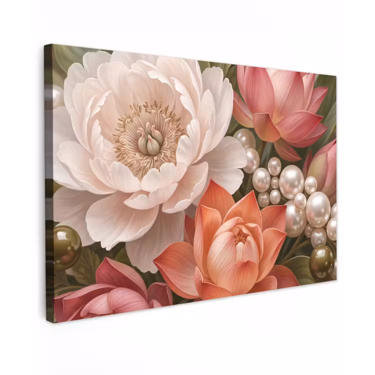 Bloemen - Parels - Elegant - Roze - Wit canvas 2cm klein -z3d