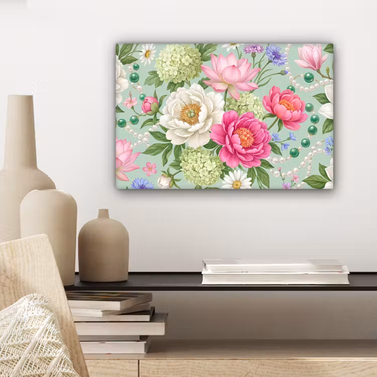 Bloemen - Patroon - Botanisch - Groen canvas 2cm klein -sfeer6