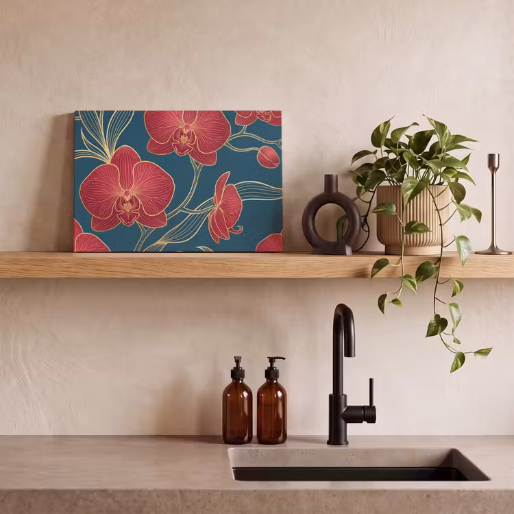 Canvas schilderij - Bloemen - Rood - Goud - Bloemen - Rood - Goud canvas 2cm klein