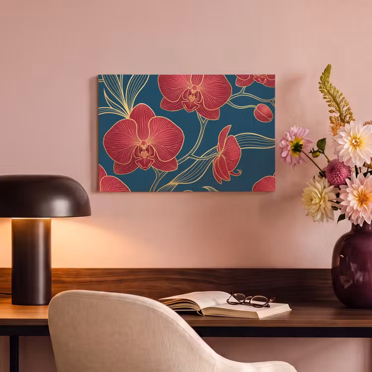 Canvas schilderij - Bloemen - Rood - Goud - Bloemen - Rood - Goud canvas 2cm klein