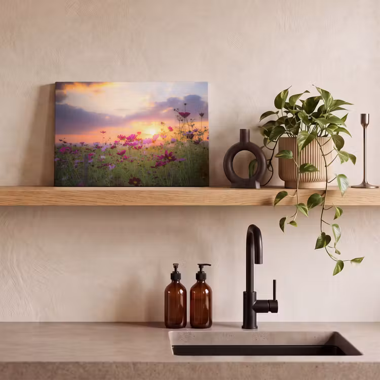 Bloemen - Roze - Zonsondergang - Natuur - Weide - Horizon canvas 2cm klein -sfeer3