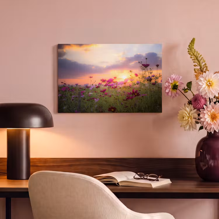 Bloemen - Roze - Zonsondergang - Natuur - Weide - Horizon canvas 2cm klein -sfeer4
