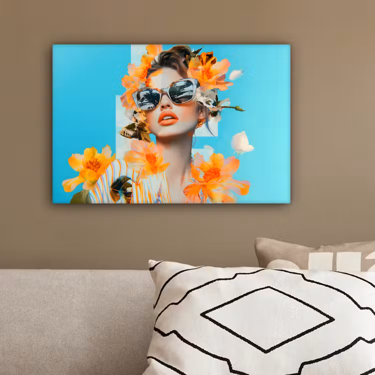 Bloemen - Vrouw - Zonnebril - Blauw canvas 2cm klein -sfeer3