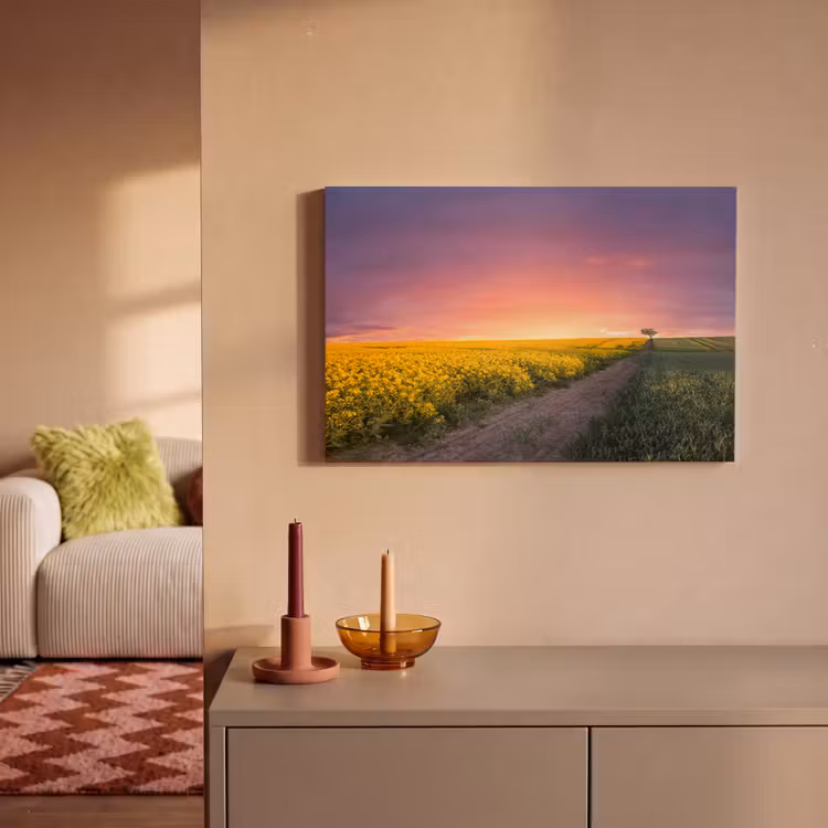 Bloemen - Weg - Lucht - Geel - Paars - Zonsondergang - Natuur canvas 2cm klein -sfeer1
