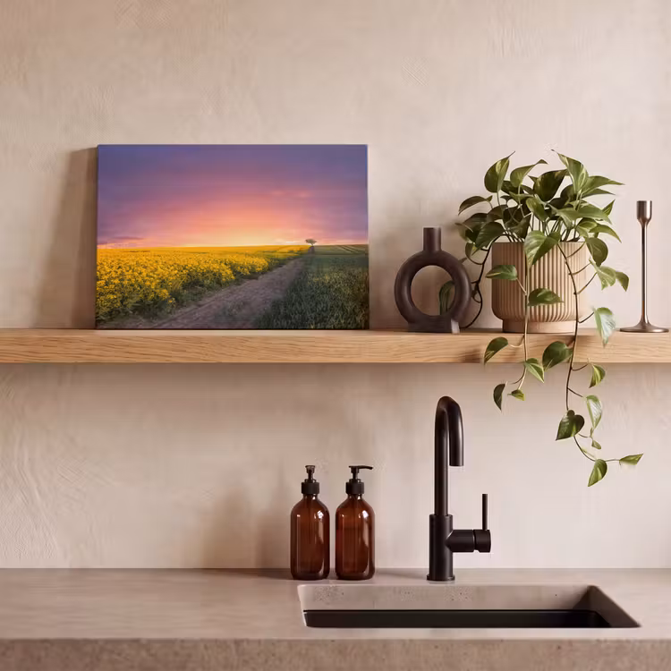 Bloemen - Weg - Lucht - Geel - Paars - Zonsondergang - Natuur canvas 2cm klein -sfeer3