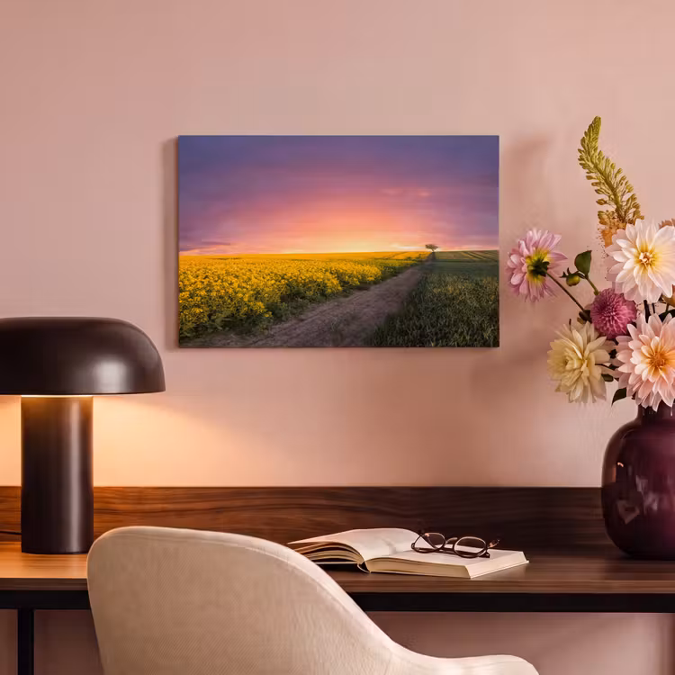 Bloemen - Weg - Lucht - Geel - Paars - Zonsondergang - Natuur canvas 2cm klein -sfeer4