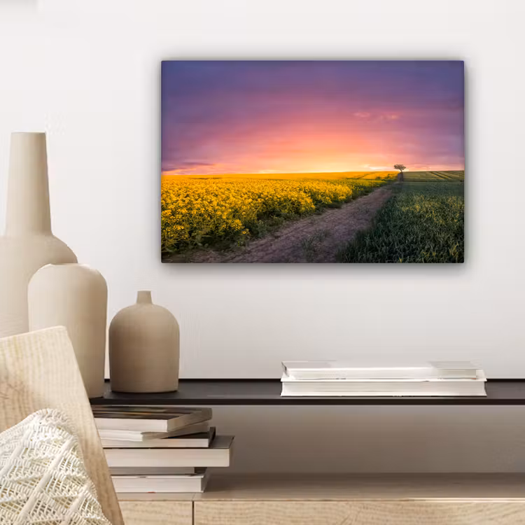 Bloemen - Weg - Lucht - Geel - Paars - Zonsondergang - Natuur canvas 2cm klein -sfeer6