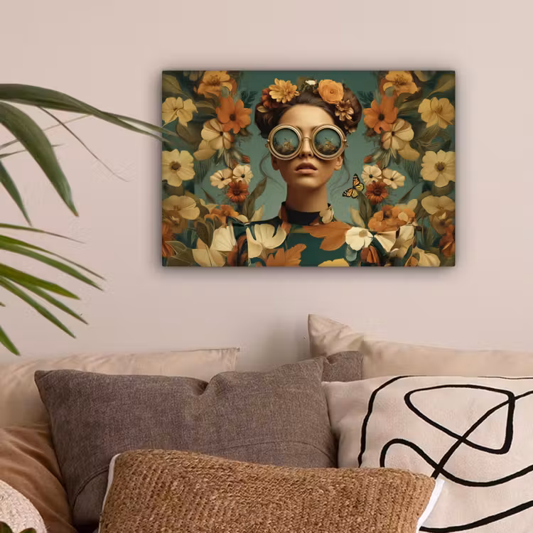 Bloemenkrans - Vrouwengezicht - Zonnebril - Oranje canvas 2cm klein -sfeer1