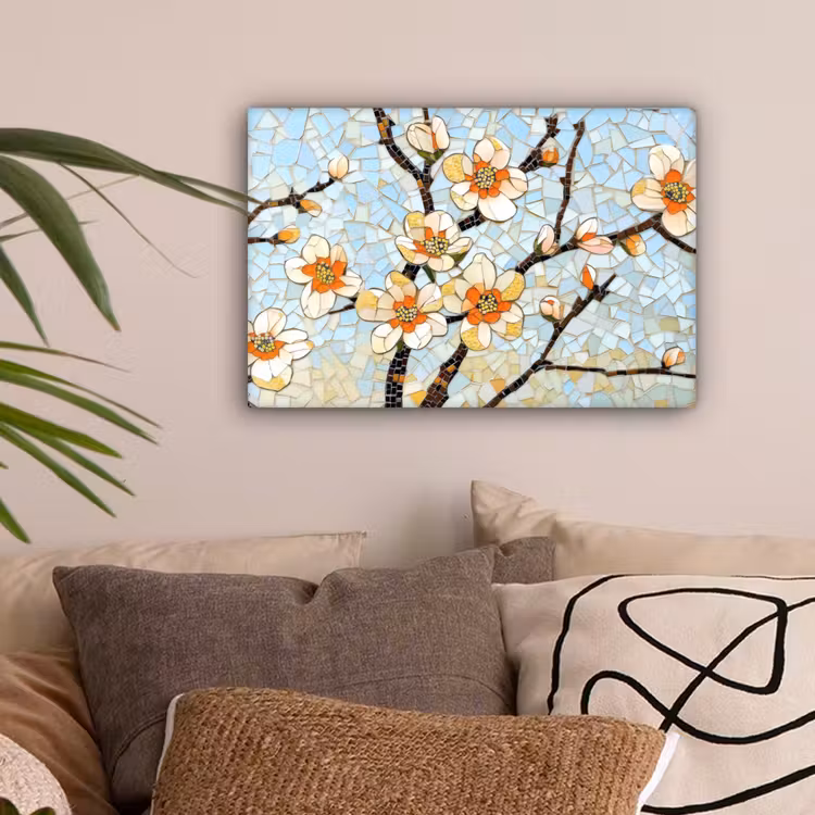 Bloesems - Wit - Mozaïek - Tak canvas 2cm klein -sfeer1