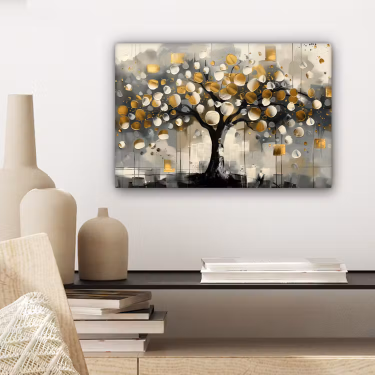 Boom - Abstract - Beige - Goud - Zwart canvas 2cm klein -sfeer6