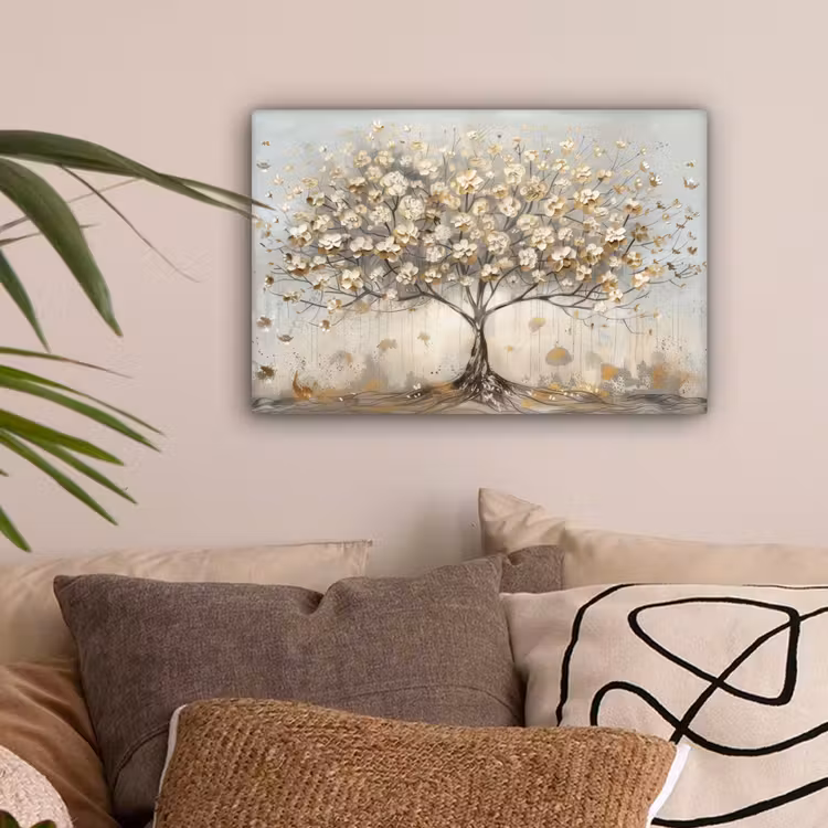 Boom - Beige - Goud - Verflook - Grijs canvas 2cm klein -sfeer1