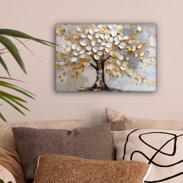 Boom - Beige - Grijs - Goud - Abstract canvas 2cm klein -sfeer1