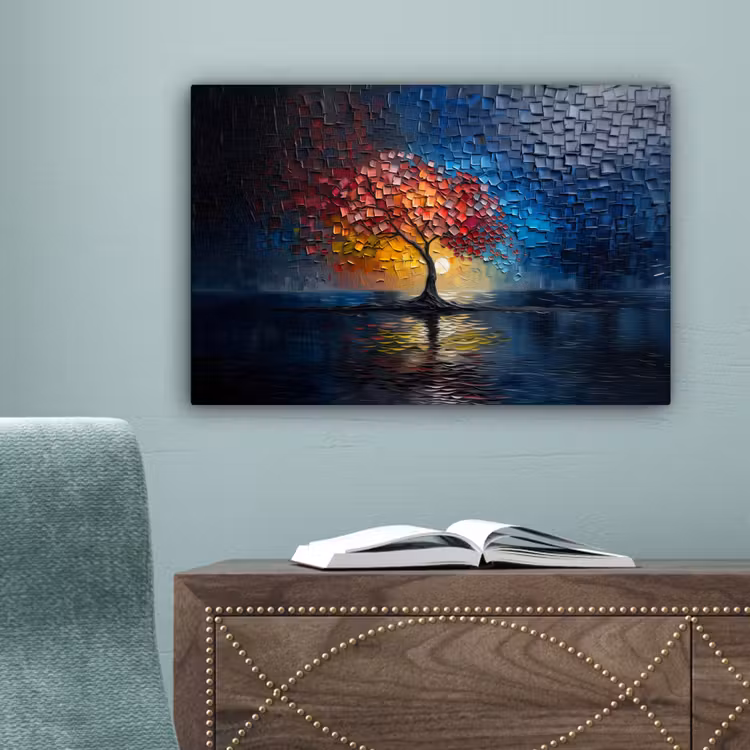 Boom - Blauw - Bladeren - Vakken canvas 2cm klein -sfeer4