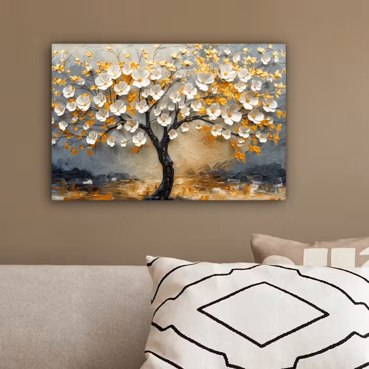 Boom - Bloemen - Goud - Beige canvas 2cm klein -sfeer3