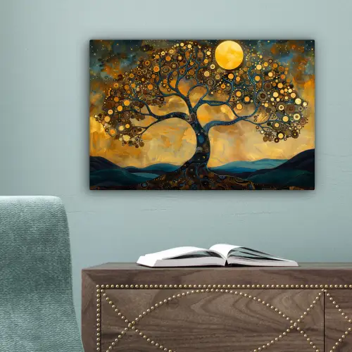Boom - Maan - Bloemen - Goud - Kunst canvas 2cm klein -sfeer4