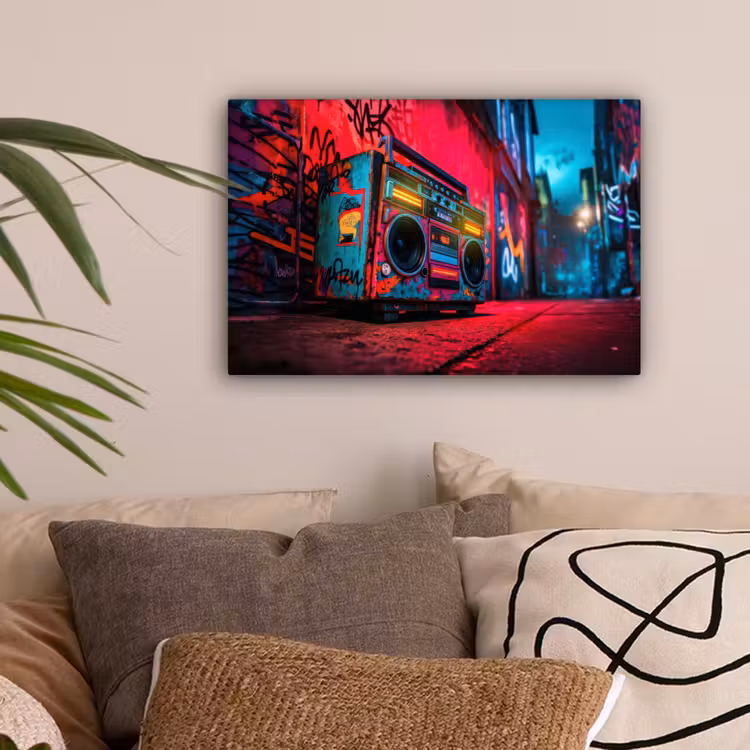 Boombox - Rood - Graffiti - Neon canvas 2cm klein -sfeer1