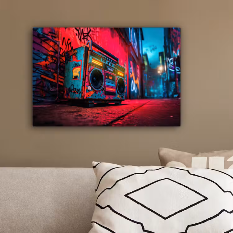 Boombox - Rood - Graffiti - Neon canvas 2cm klein -sfeer3